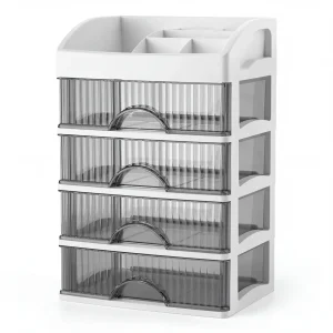 Caixa de Armazenamento para Maquilhagem com 5 Camadas em PP – Organizador Cosmético Multicamadas (Branco / Rosa)
