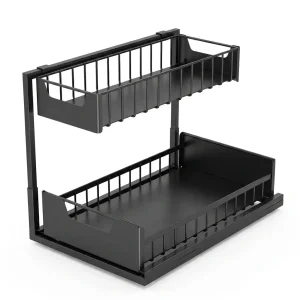 Organizador de Armazenamento Extraível de 2 Níveis para Debaixo da Pia – 36×27×28cm, Preto ou Branco