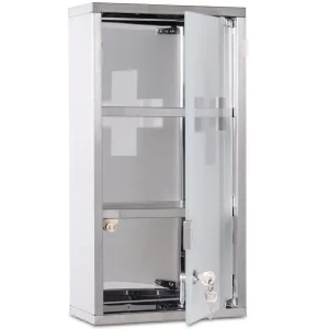 Armário de medicamentos de parede com fechadura, porta de vidro de segurança, prateado, 48 cm