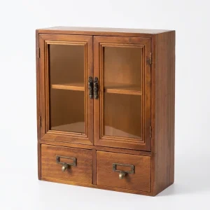Vitrine nórdica retro em madeira maciça com duas portas — arrumação de secretária para cosméticos e artigos diversos