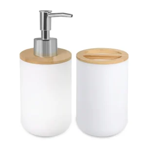 Conjunto de casa de banho – dispensador de sabonete, suporte para escovas de dentes e saboneteira (plástico)