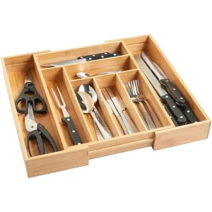 Tabuleiro expansível de bambu para talheres – Organizador de gaveta com 6–8 compartimentos (32–52 cm)