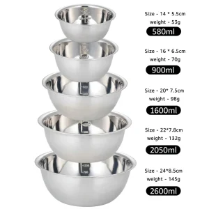 Conjunto de 5 taças de mistura empilháveis em aço inoxidável (14–24 cm) – Antiderrapantes e leves
