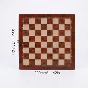 Tabuleiro de madeira dobrável 3 em 1 de xadrez, damas e gamão, 29x29 cm