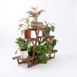 Suporte de canto triangular para plantas, de 6 níveis, em madeira carbonizada — pinho e metal, castanho tingido