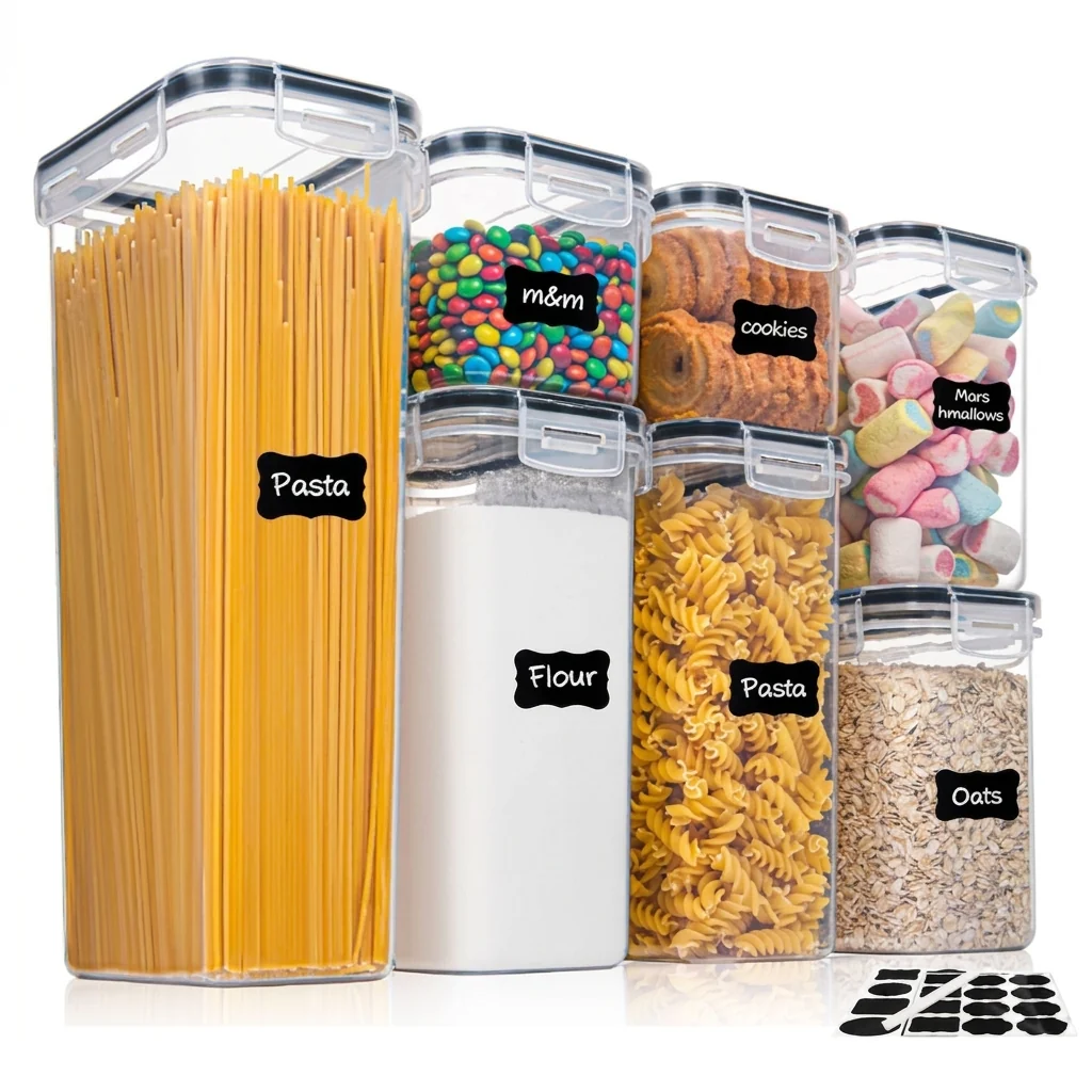 Conjunto de 7 recipientes de plástico sem BPA para armazenamento de alimentos, com 10 etiquetas e caneta